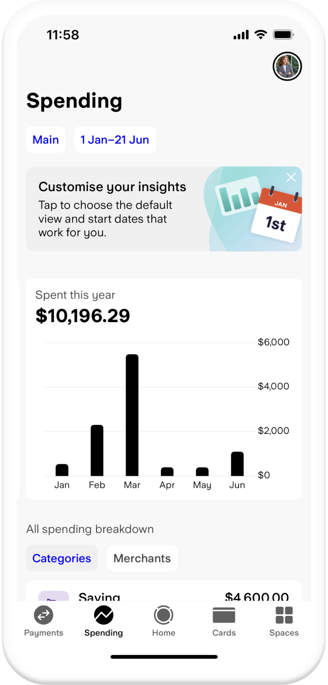 Spending summary page on a mobile app