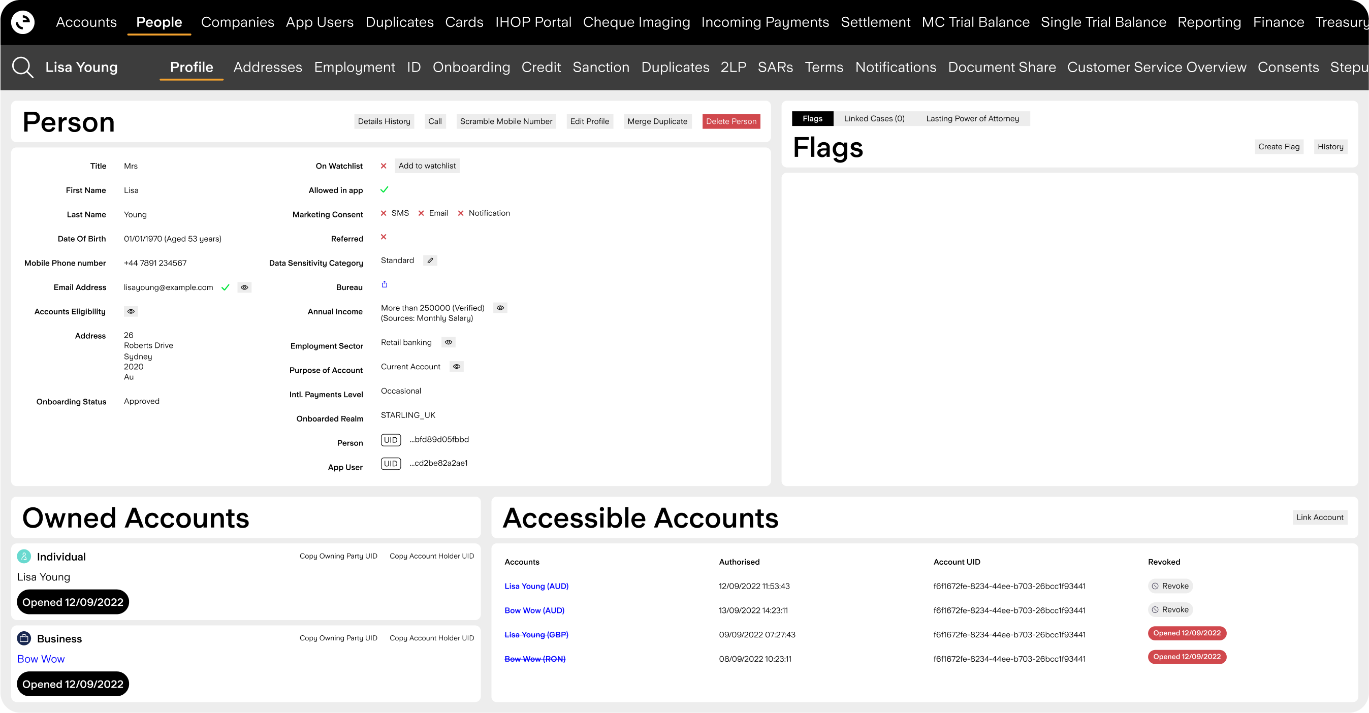 Desktop screenshot of a customer profile, built on Engine